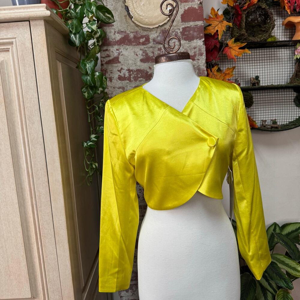 Vibrant Yellow Maximalist Satin Cropped Asymmetrical Jacket